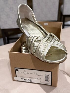 Cole Haan Metallic Gold Knotted Peep-Toe Flat
